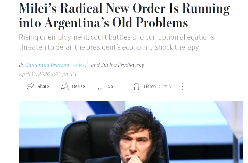 THE WALL STREET JOURNAL PONE EN DUDA EL EXPERIMENTO DE MILEI: Reformas de shock, viejos problemas y una economía que no arranca